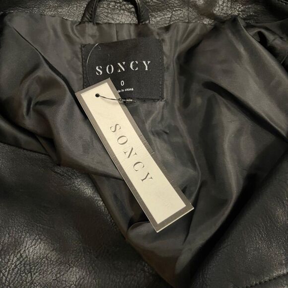 SONCY Houndstooth Frayed Edge and Faux Leather Moto Jacket, NEW! Size 0=12 - Picture 5 of 8